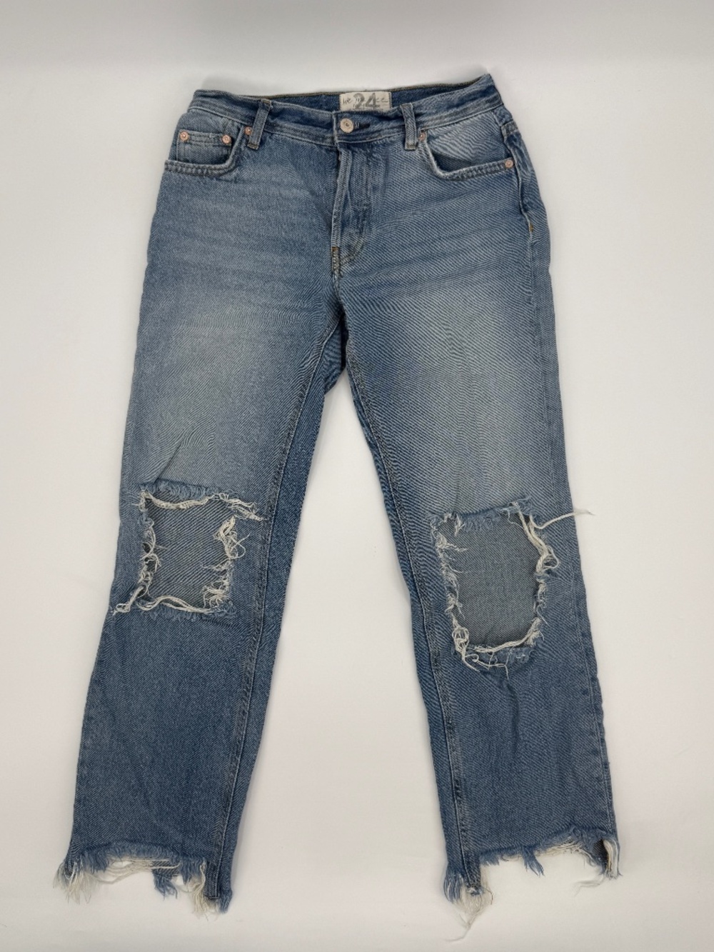 Free People Distressed Straight Jeans Button Fly Raw Hem Blue Grunge Boho 24